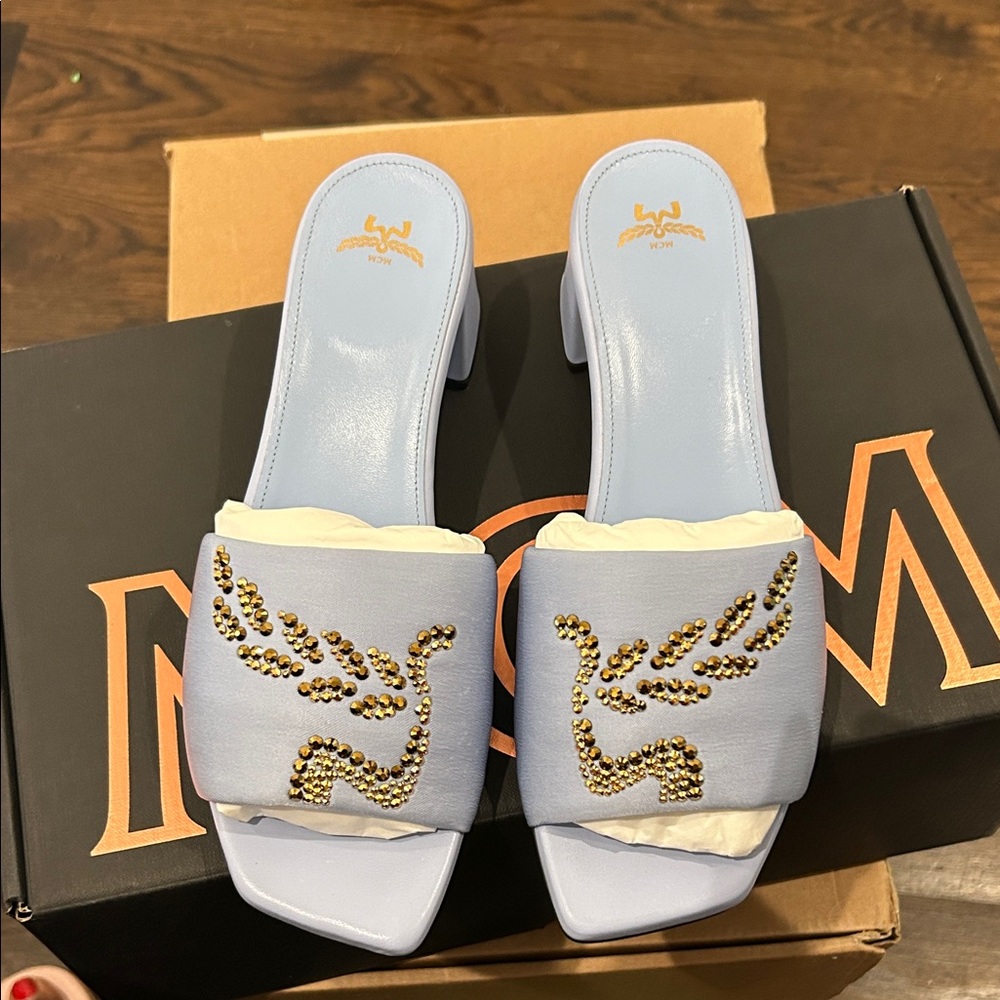 MCM Light Blue Embellished Mules